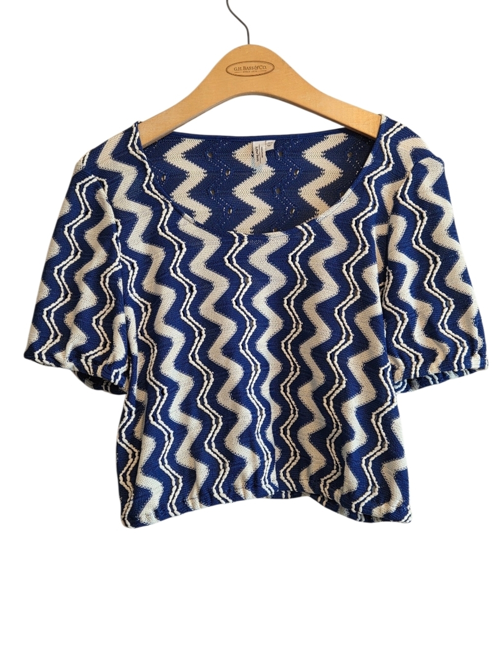 & Other Stories Blue and White Jacquard Knit Wave Crop Top Sz 12 Casual Stretchy